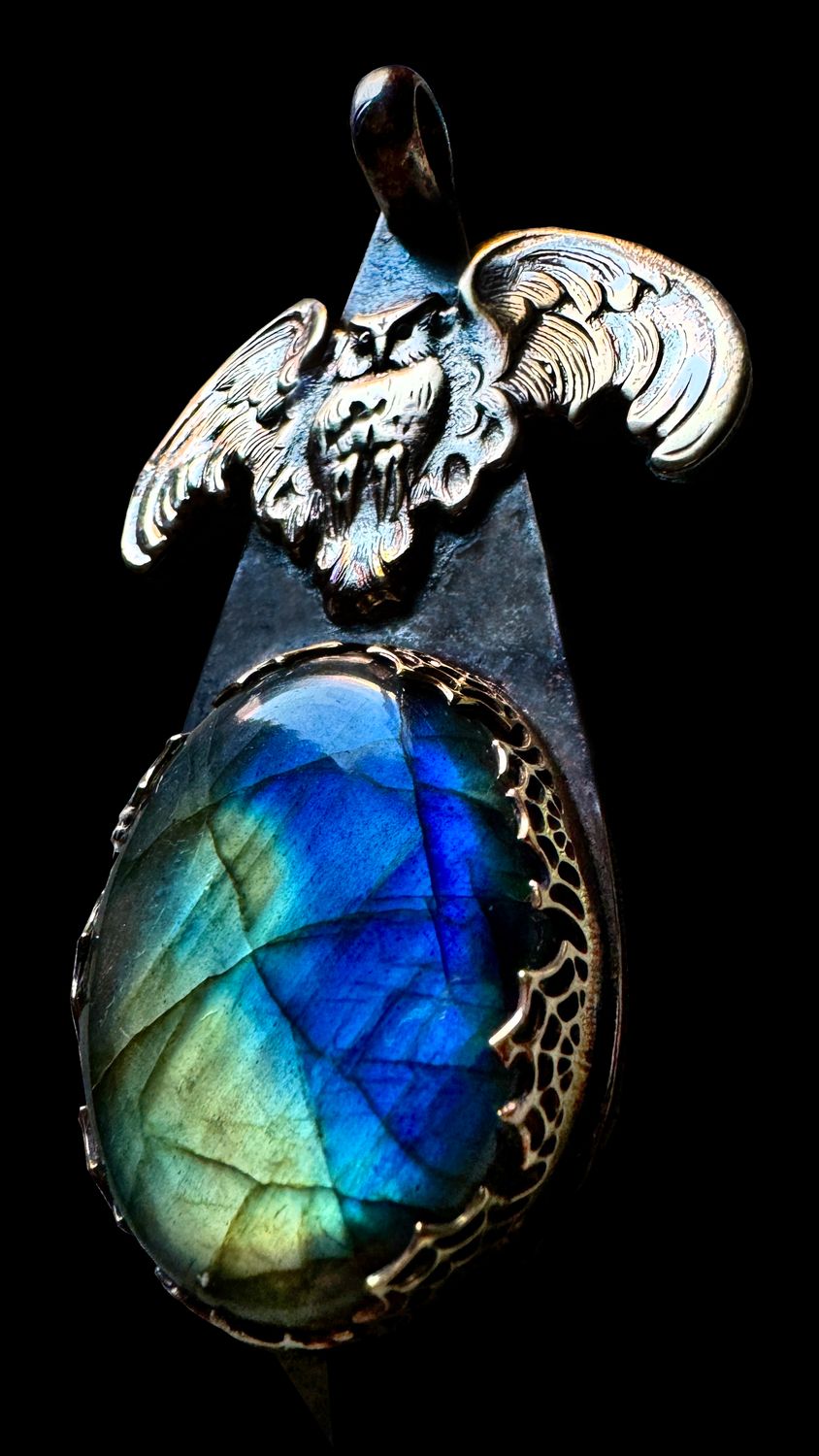 Halloween Labradorite Spider Web and Owl Pendant