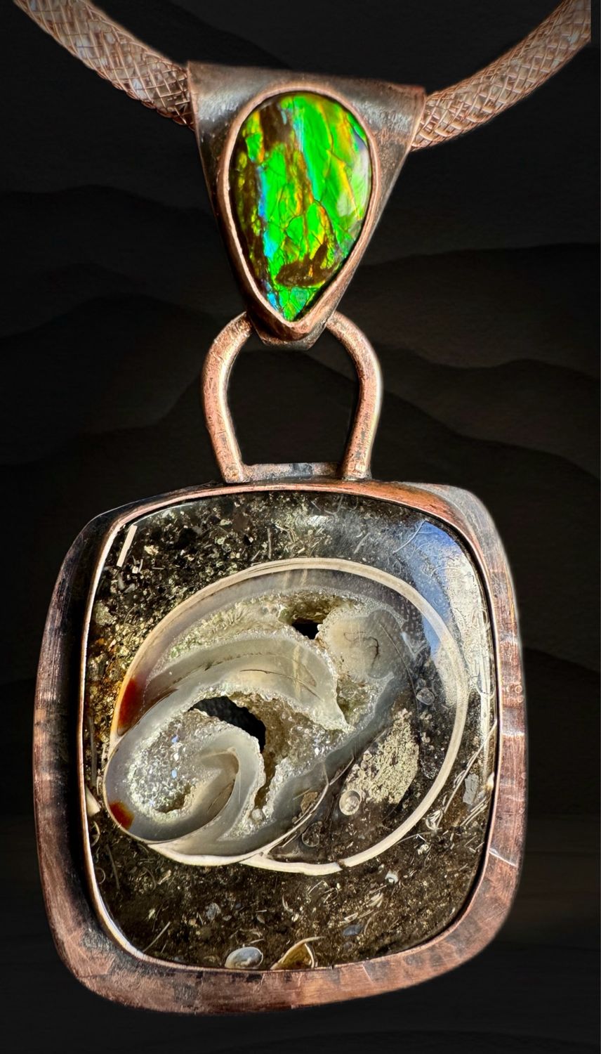 Ammolite &amp; Ammonite Fossil Pendant Handcrafted By Eric Cifani