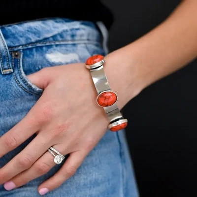 Burnished Silver Bangle with 5 Red Oval Stones