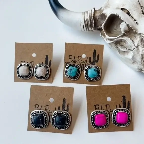 Stone Post Earrings White