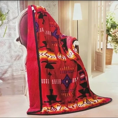 Red Aztec Sherpa Borrego Fleece Throw Blanket