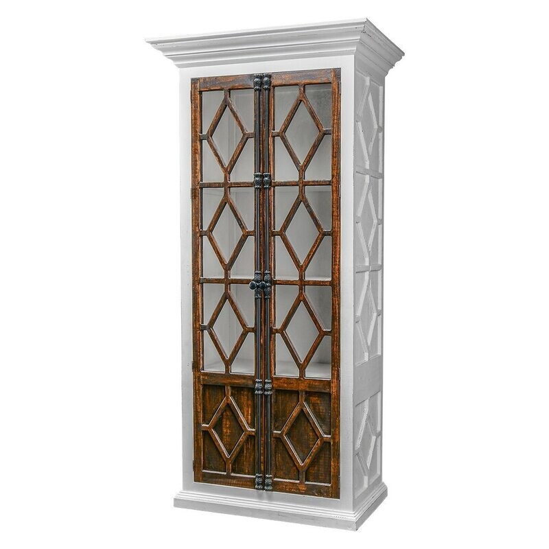 CARTHAGE- AGED WHITE &amp; TOBACCO CABINET W/ DIAMOND GLASS
