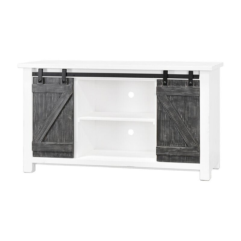 NARROW 60" BARN DOOR TV STAND - SANDED WHITE, WEATHERED WOOD DOORS (DISC)