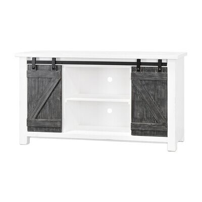 60&quot; BARN DOOR TV STAND - SANDED WHITE, WEATHERED WOOD DOORS