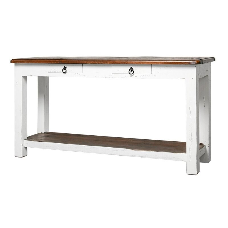 TRADITIONAL SOFA TABLE - AGED WHITE W/ TOBACCO TOP