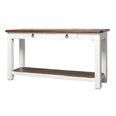TRADITIONAL SOFA TABLE - AGED WHITE W/ TOBACCO TOP
