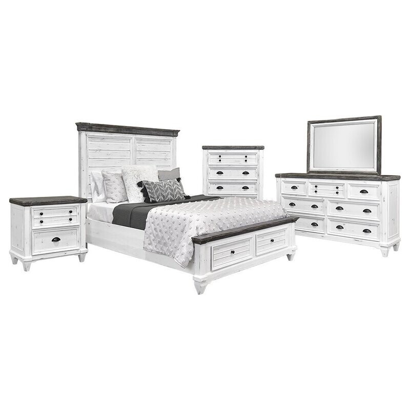 AMELIA KING 5PC SET - Sanded White, Weathered Wood Top