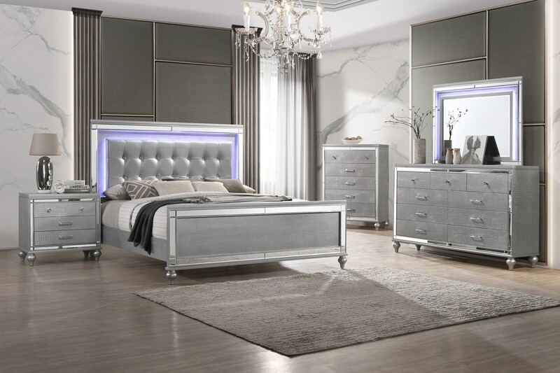 VALENTINO II KING 5PC SET - DRESSER, MIRROR, NIGHT STAND AND CHEST - SILVER