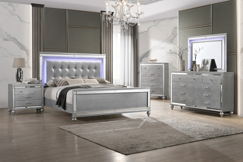 VALENTINO II QUEEN 5PC SET - DRESSER, MIRROR, NIGHT STAND AND CHEST - SILVER