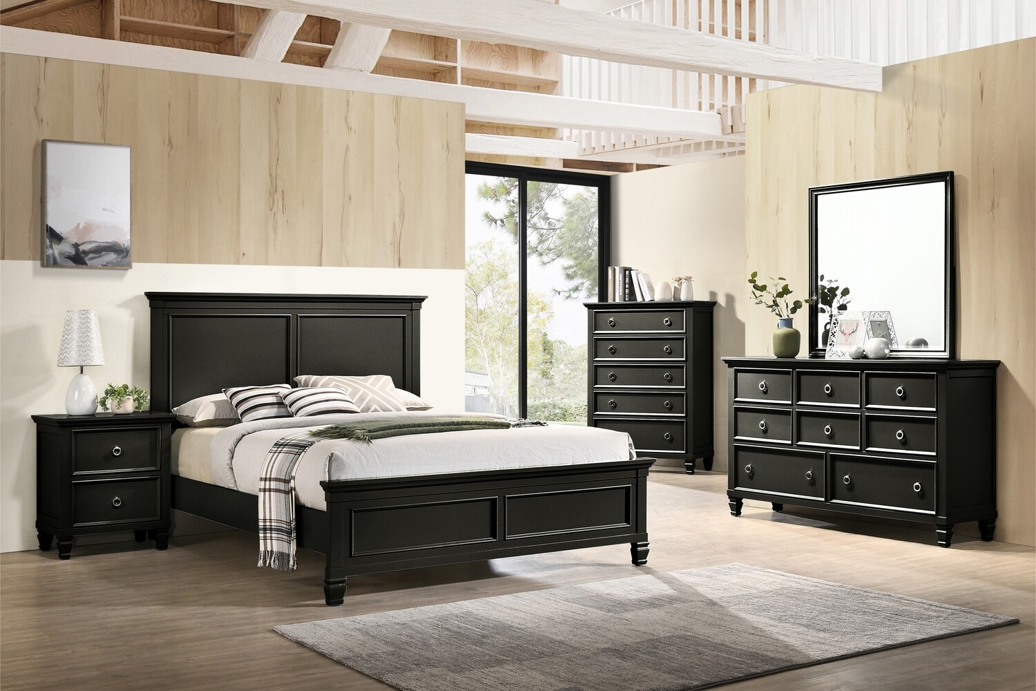 TAMARACK QUEEN 5PC SET - BLACK - CHEST, DRESSER, MIRROR, NIGHT STAND