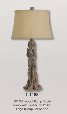 30” Driftwood Stump Table Lamp with 14x16x10” Rolled Edge Burlap Bell Shade (DISC)