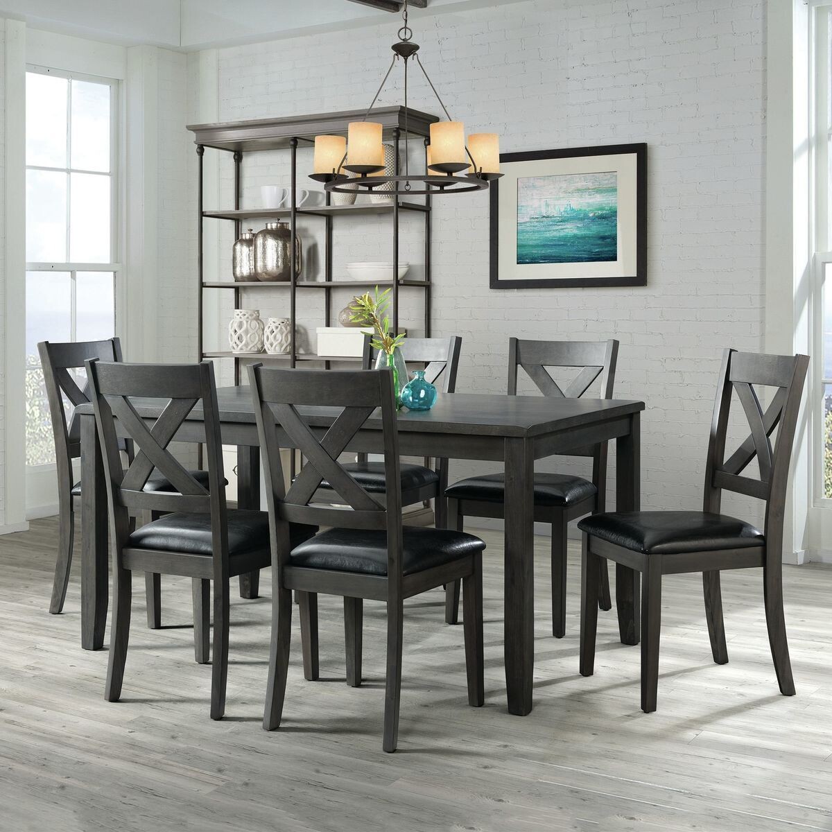 ALEX GREY 60IN 7 PC DINING SET (GREY TABLE WITH BLACK PU SEAT)