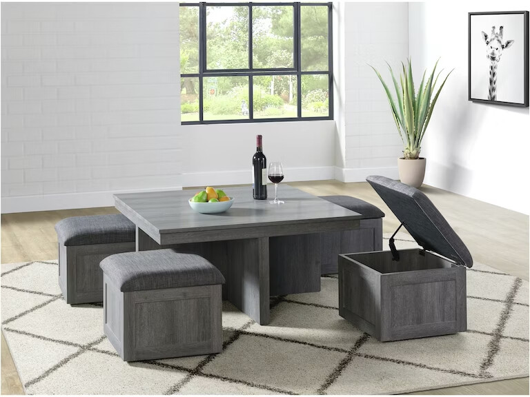 USTER COFFEE TABLE W/FOUR STORAGE STOOLS GREY