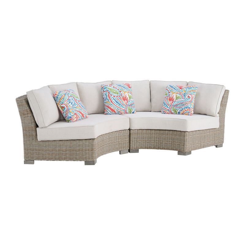 OLLIE CURVED LOVESEAT - TAN AND OLEFIN WHITE CREAM WITH 3 MULTI COLOR PILLO