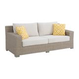 OLLIE SOFA - TAN AND OLEFIN WHITE CREAM WITH 2 YELLOW PILLOWS