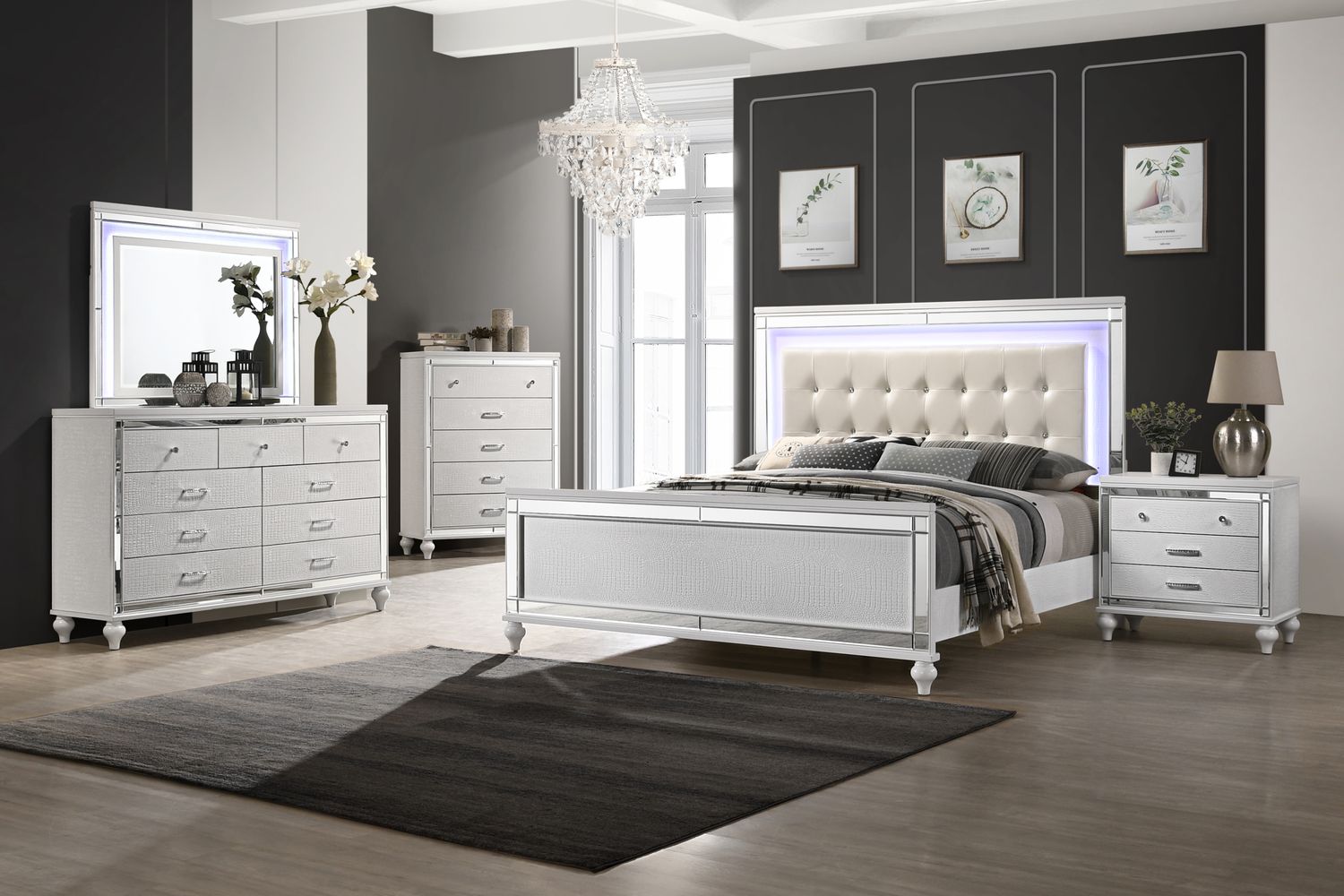 VALENTINO II KING 5PC SET - DRESSER, MIRROR, NIGHT STAND AND CHEST - WHITE