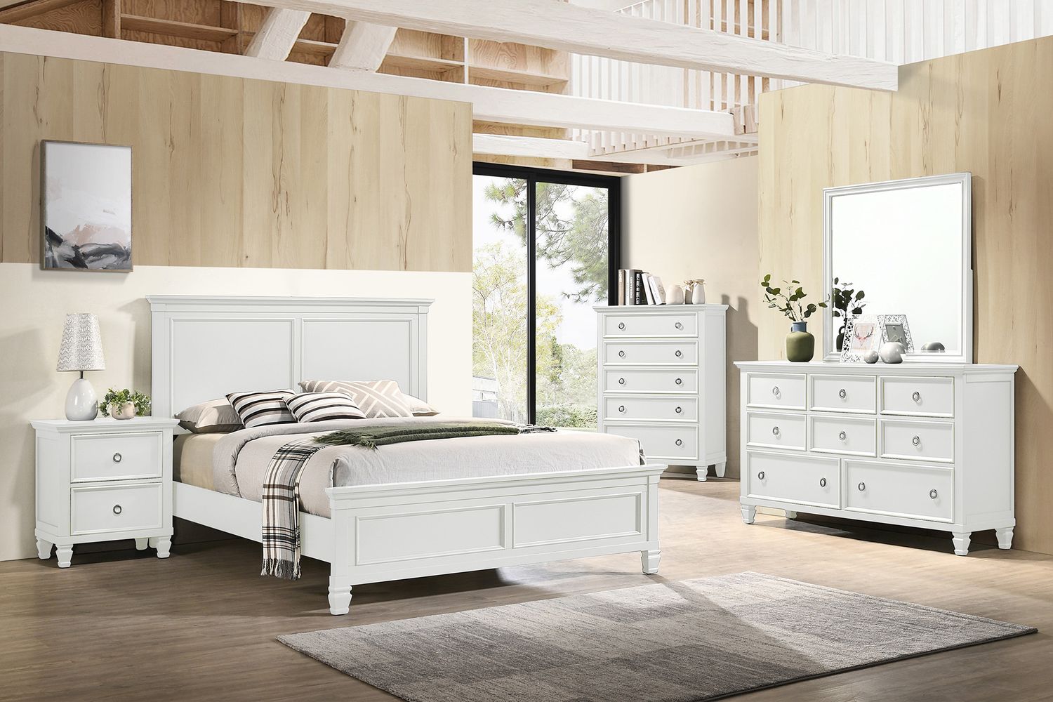 TAMARACK KING 5PC SET - WHITE - CHEST, DRESSER, MIRROR, NIGHT STAND