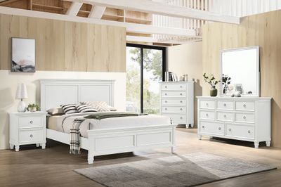 TAMARACK KING 5PC SET - WHITE - CHEST, DRESSER, MIRROR, NIGHT STAND