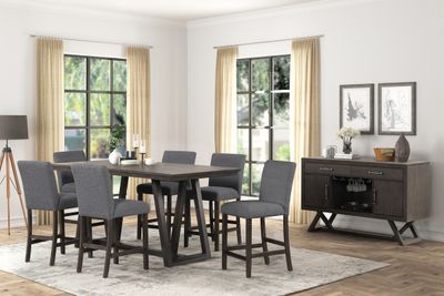 HIGH LINE COUNTER TABLE AND 4 GRAY SWIVEL COUNTER CHAIRS