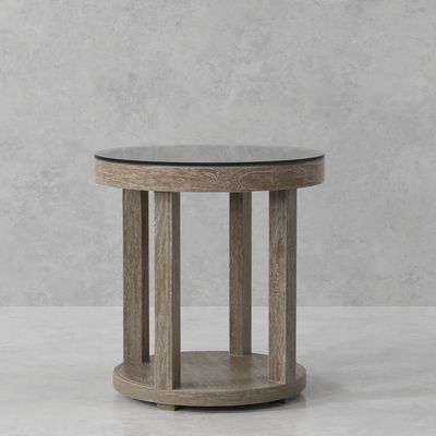 CROSSINGS SERENGETI ROUND END TABLE WITH GLASS TOP (DISC)