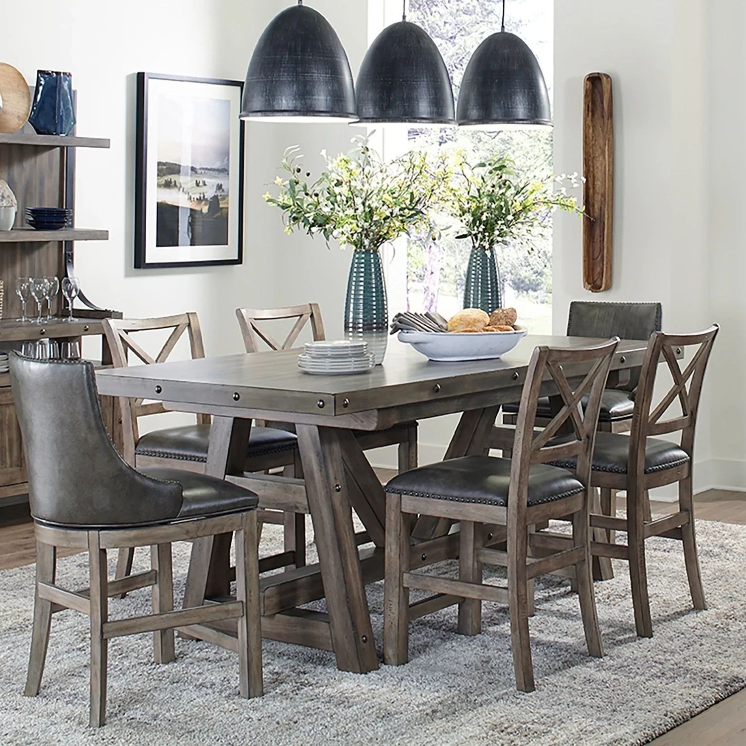 LODGE COUNTER TABLE 7 PC SET W/ LEAF - 4 X-BACK CHAIRS, 2 UPHOLSTERED CHAIRS