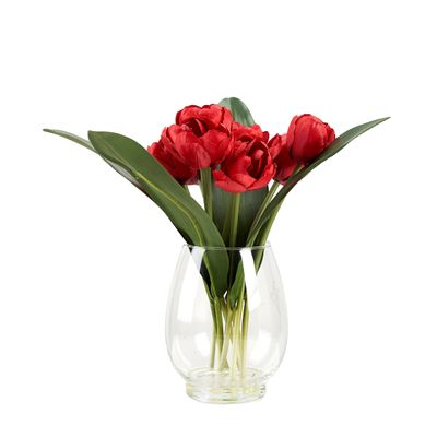 RED TULIPS IN GLASS VASE