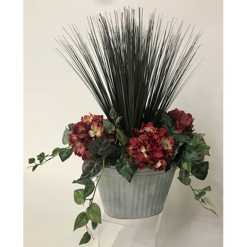 HYDRANGEAS WITH IVY IN OVAL METAL PLANTER