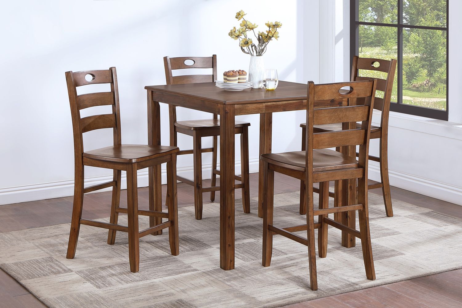 SALEM 5 PC COUNTER HT DINING SET, TABLE &amp; 4 CHAIRS - TOBACCO
