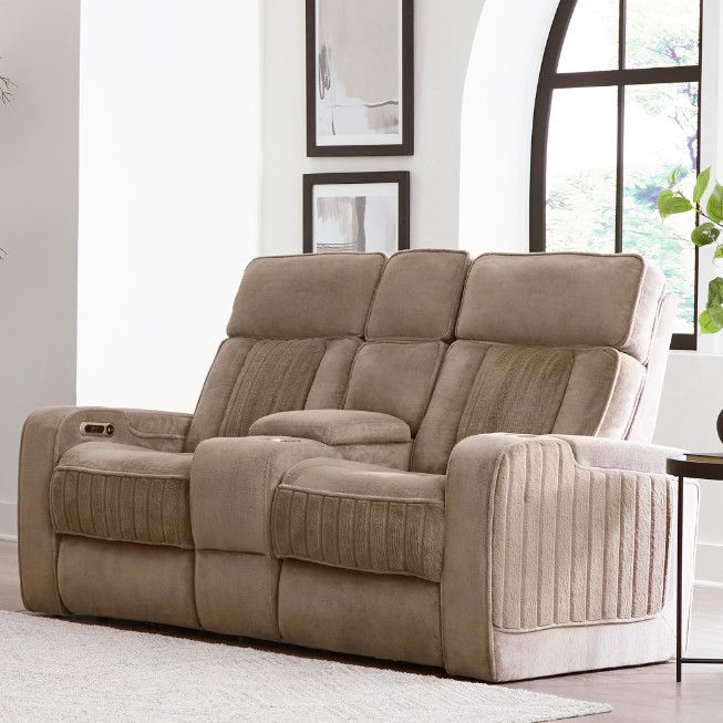 EQUINOX RECLINING LOVESEAT W/ CONSOLE &amp; POWER HEADREST - MUSHROOM