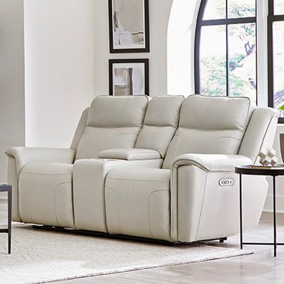 ATLANTIS LEATHER ZERO GRAV RECLINING LOVESEAT W/ CONSOLE &amp; POWER HEADREST - WHISPER IVORY