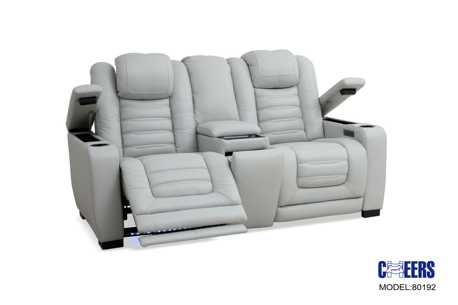 LEATHER POWER LOVESEAT W/ POWER HEADREST, CHARGER &amp; LED- Cosmo Fog