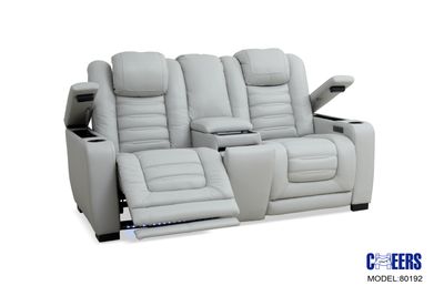 LEATHER POWER LOVESEAT W/ POWER HEADREST, CHARGER &amp; LED- Cosmo Fog