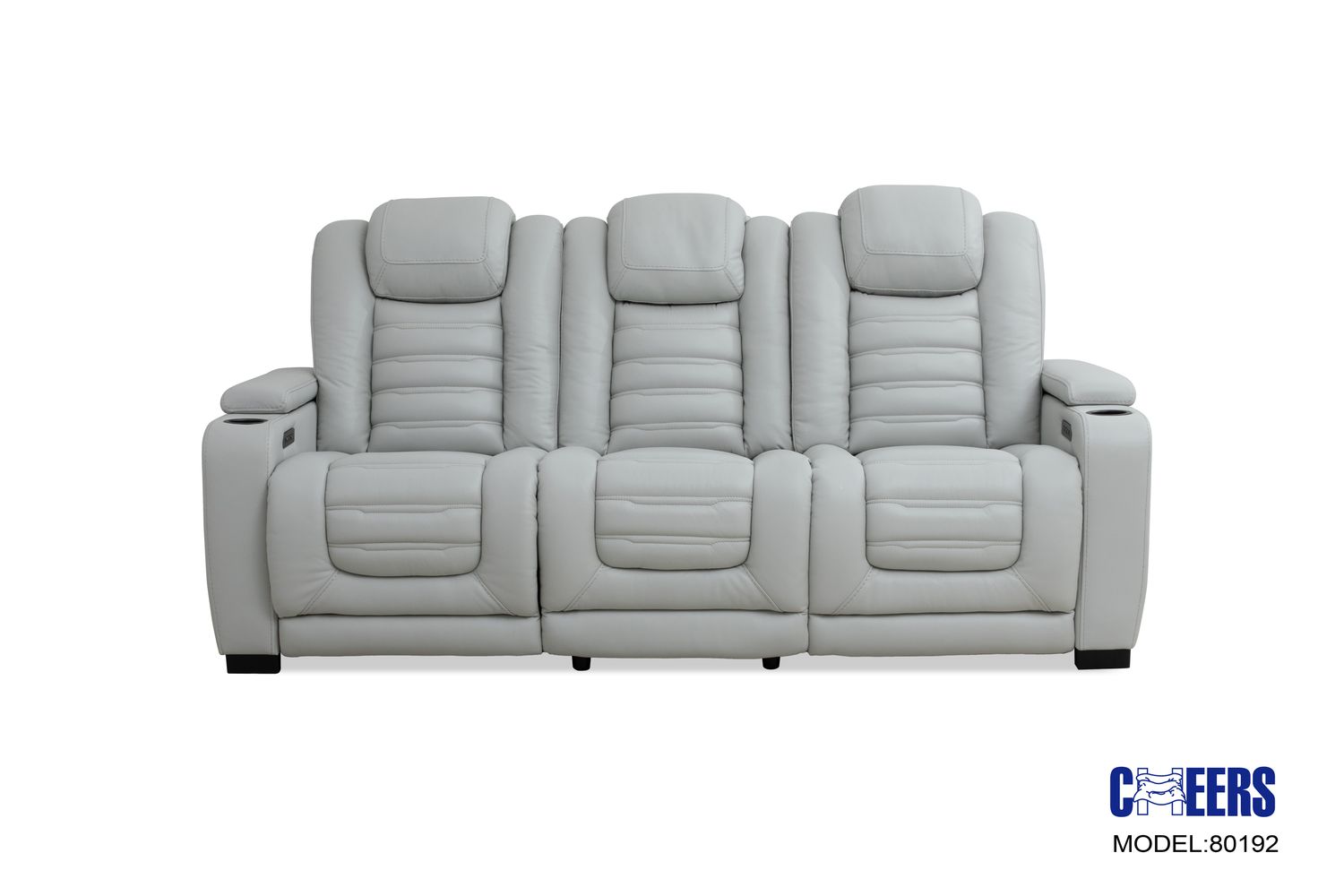 LEATHER POWER SOFA  W/ POWER HEADREST, CHARGER &amp; LED - Cosmo Fog