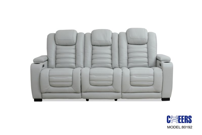 LEATHER POWER SOFA W/ POWER HEADREST, CHARGER &amp; LED - COSMO FOG