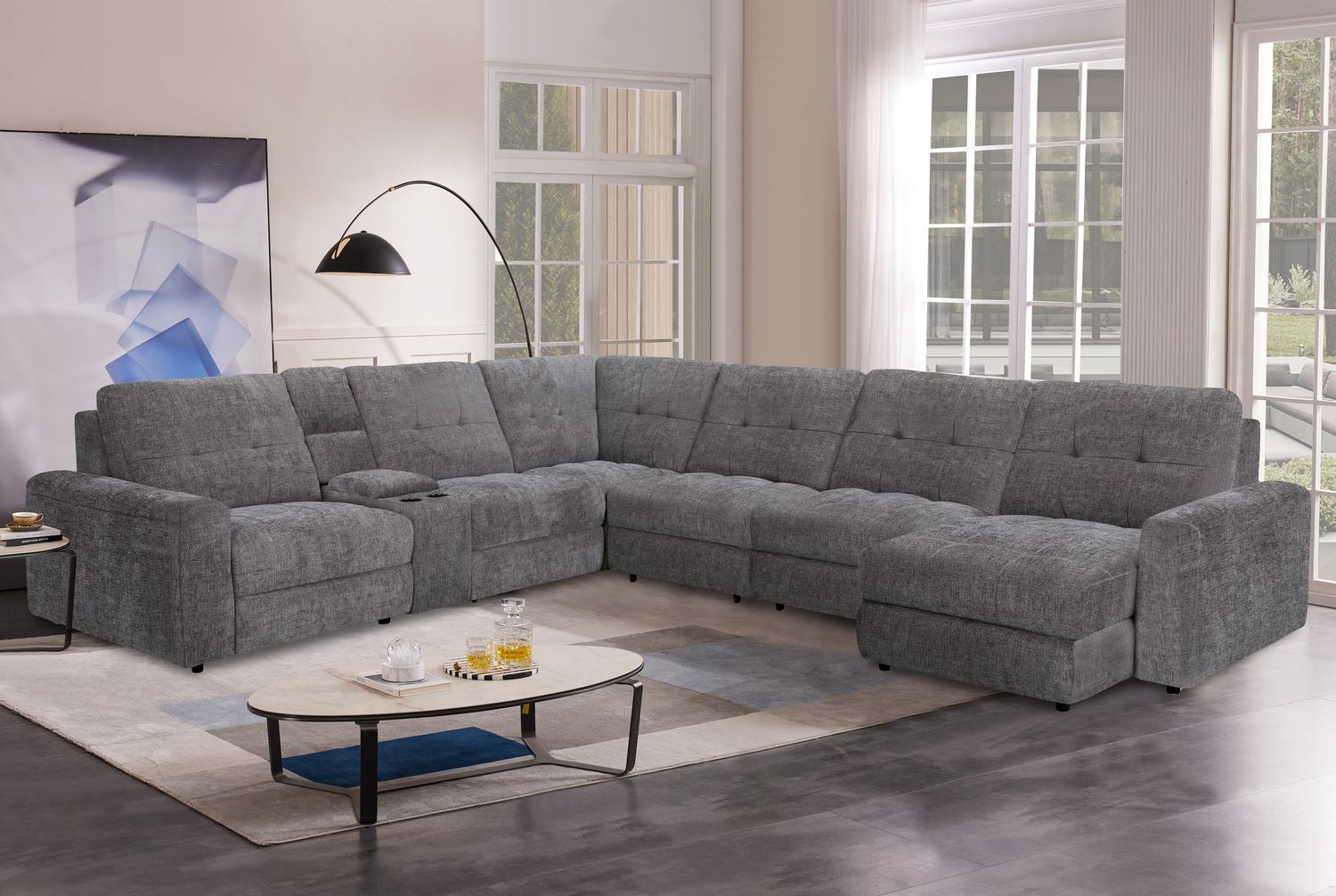 MODULAR 7PC POWER SLIDING CHAISE SECTIONAL - Cozy Gunmetal