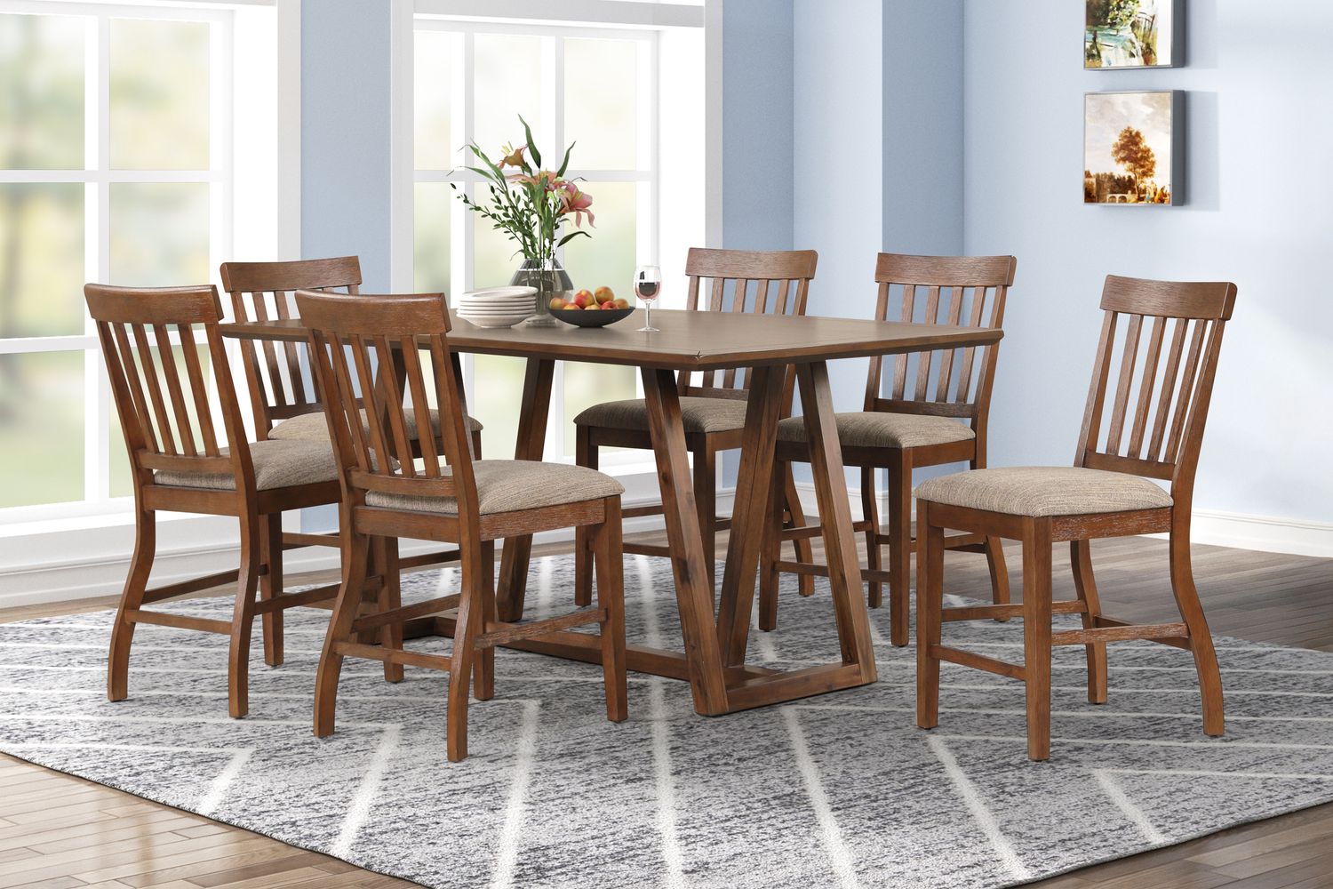 PUTNAM COUNTER TABLE W / 6 CHAIRS - WALNUT