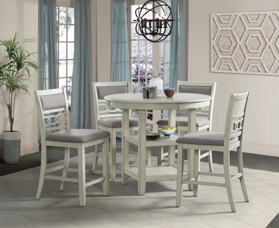 AMHERST 5PC COUNTER SET WITH TABLE AND 4 GREY FABRIC CHAIRS IN WHITE