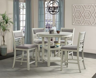 AMHERST 5PC COUNTER SET WITH TABLE AND 4 GREY FABRIC CHAIRS IN WHITE