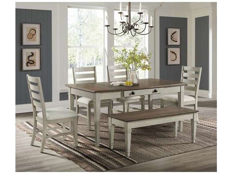 Farmington Rectangular Dining Table, 4 Chairs &amp; Bench - Medium Brown and Washed Stone