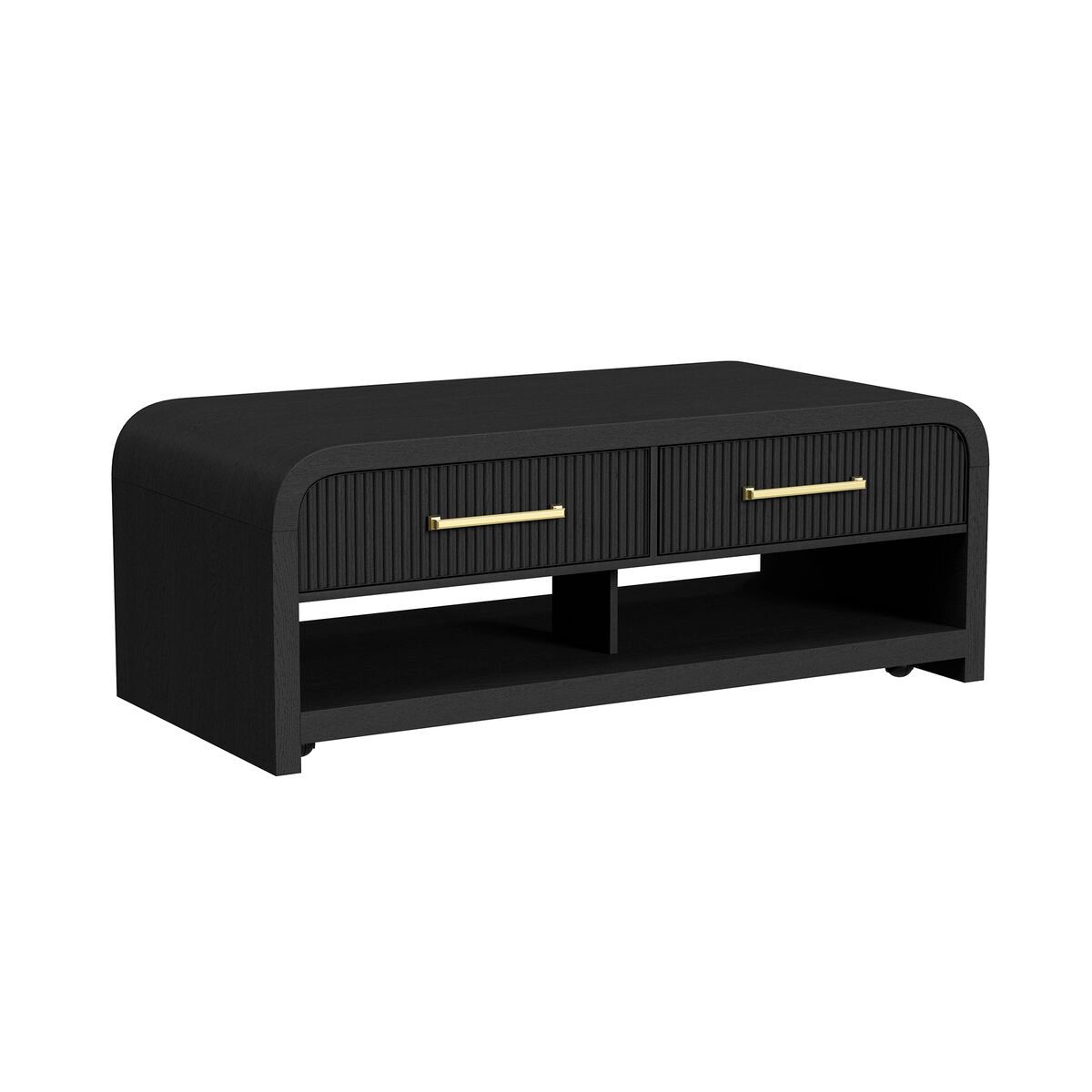 Ridgemont Coffee Table with Casters/Push Through Drawer - Black with Grain