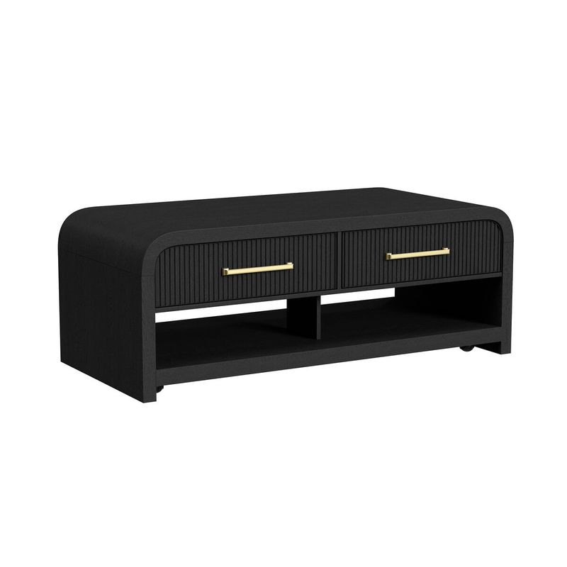 Ridgemont Coffee Table with Casters/Push Through Drawer - Black with Grain