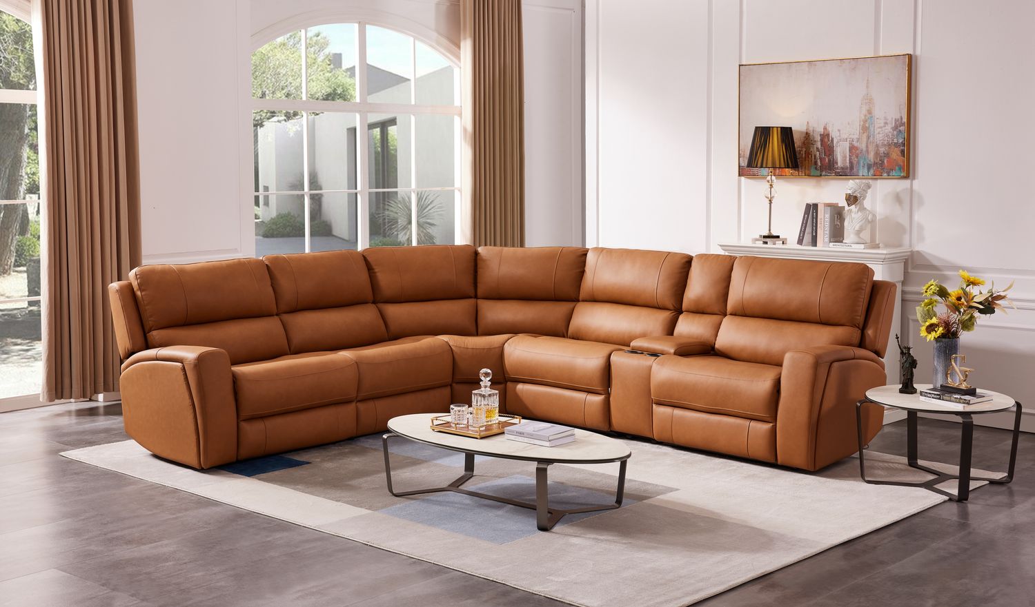 MODULAR 6PC LEATHER POWER RECLINING SECTIONAL - OSLO ANTELOPE