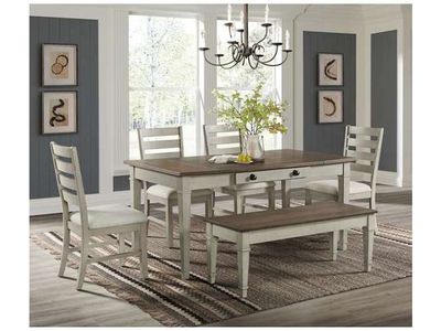 Farmington Rectangular Dining Table, 4 Chairs & Bench - Medium Brown and Washed Stone