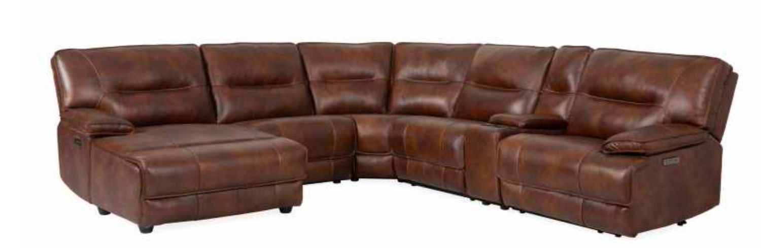 6PC LEATHER POWER SECTIONAL W LAF CHAISE- BRAZIL COGNAC LIGHT BROWN