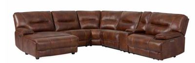 6PC LEATHER POWER SECTIONAL W LAF CHAISE- BRAZIL COGNAC LIGHT BROWN