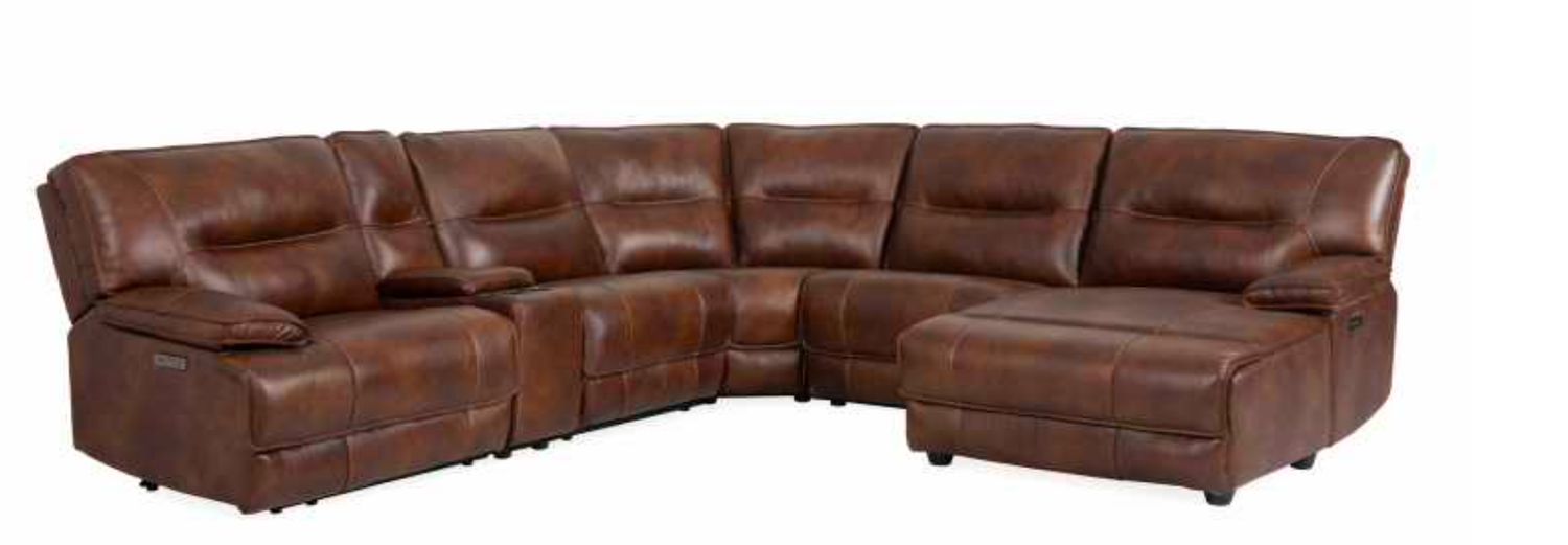 6PC LEATHER POWER SECTIONAL W RAF CHAISE- BRAZIL COGNAC LIGHT BROWN