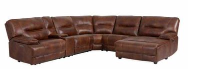 6PC LEATHER POWER SECTIONAL W RAF CHAISE- BRAZIL COGNAC LIGHT BROWN