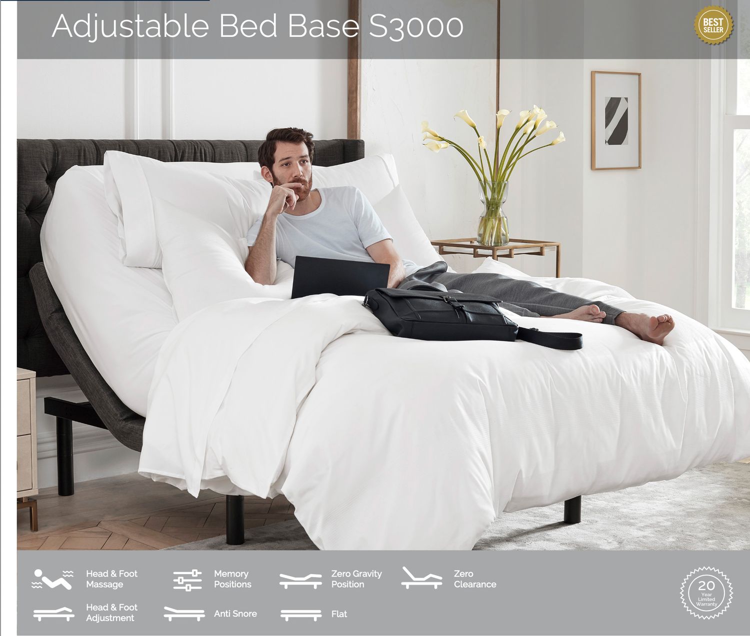 SLEEPTONE MASSAGING ADJUSTABLE BED BASE S3000