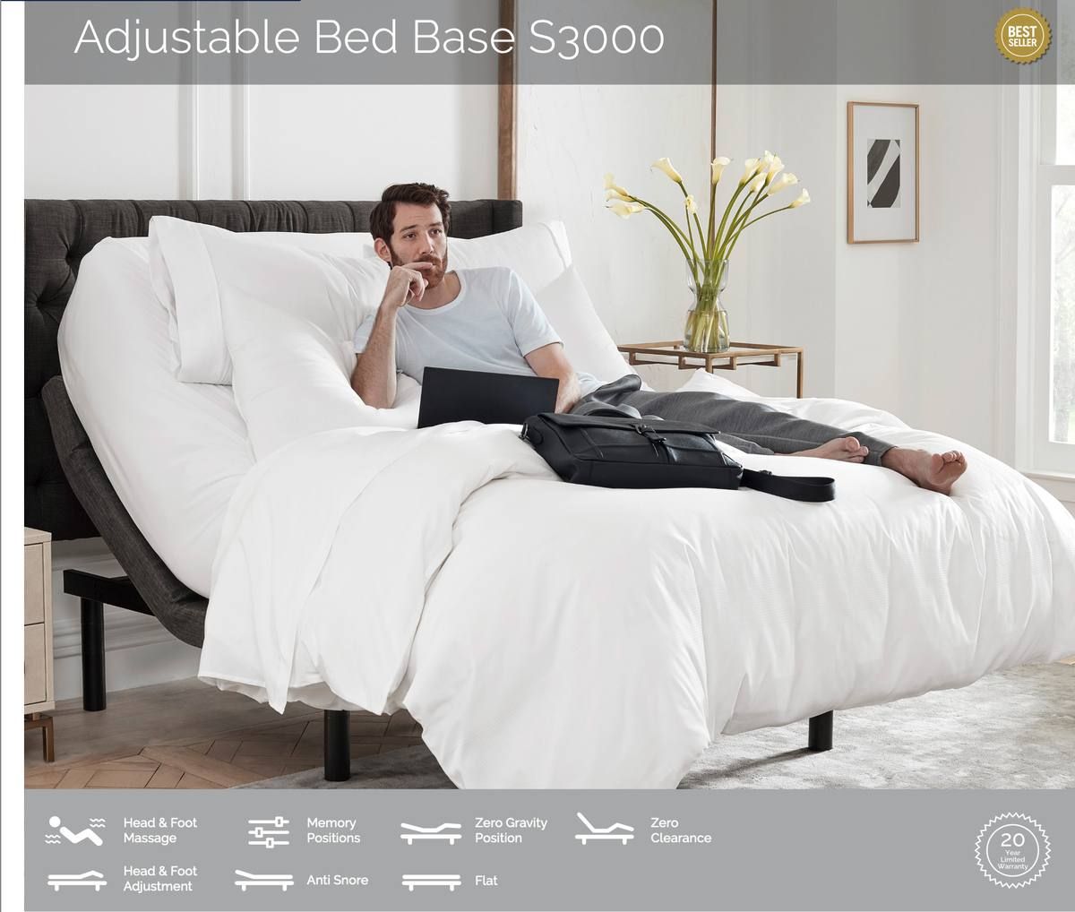 MASSAGING ADJUSTABLE BED BASE S3000