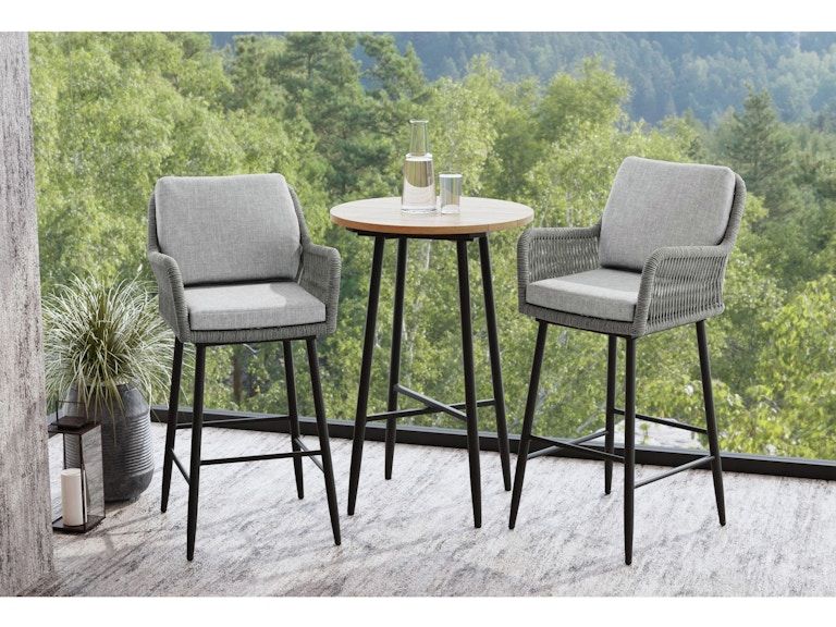 Bayhill Bar Table and 2 stools with Grey Fabric in Black